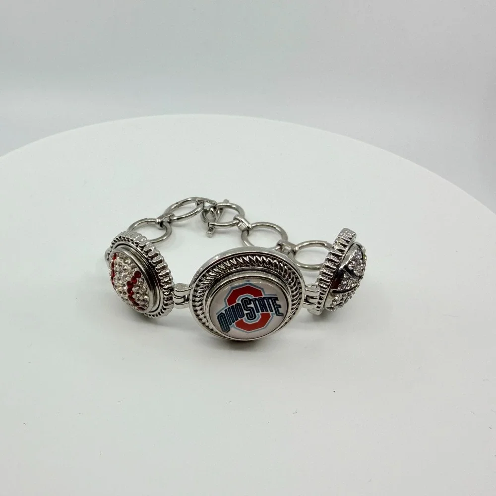 Silver Tone Red White Rhinestone Collegiate Fan‎ Bracelet Ohio Sports Team Boho